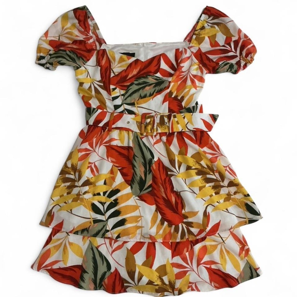 BCX Dress Tropical Leaf Mini Dress Womens Medium Orange White Excellent Belted